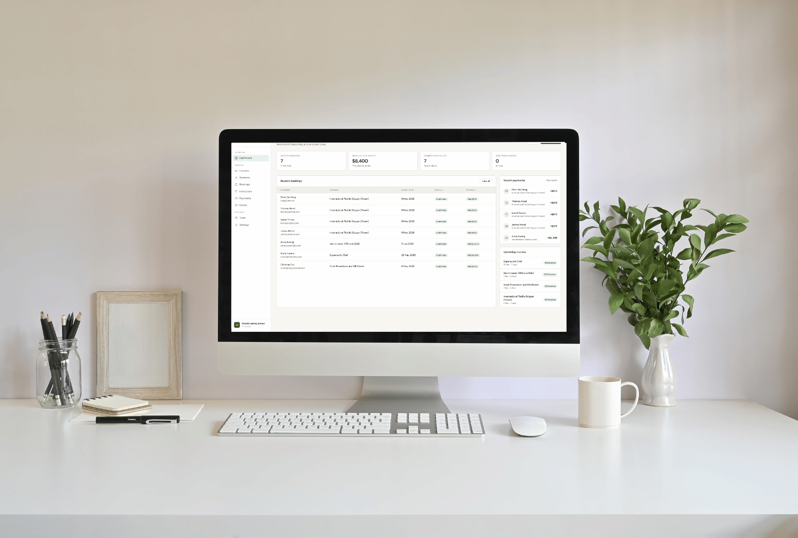 mockup showing IYT school management and booking platform dashboard